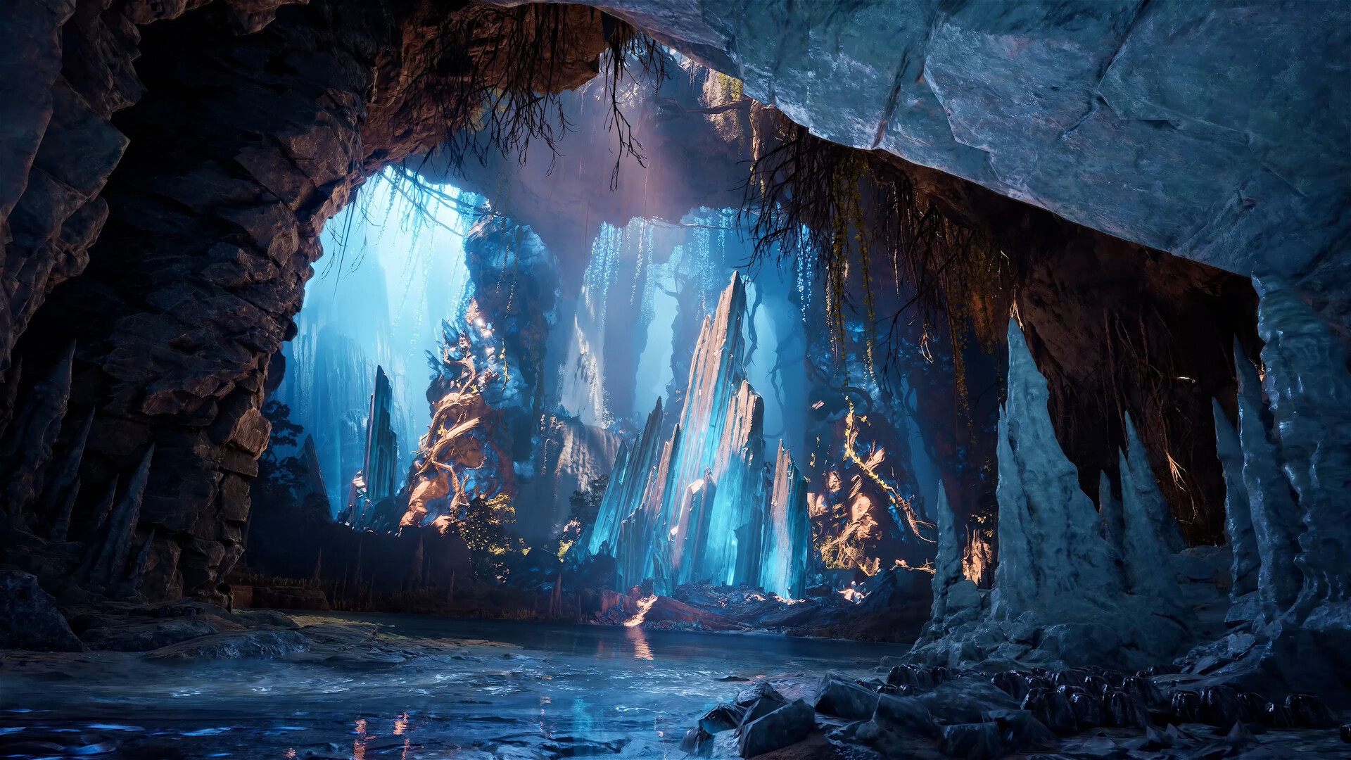 A glowing crystal cave above an underground lake in AION 2