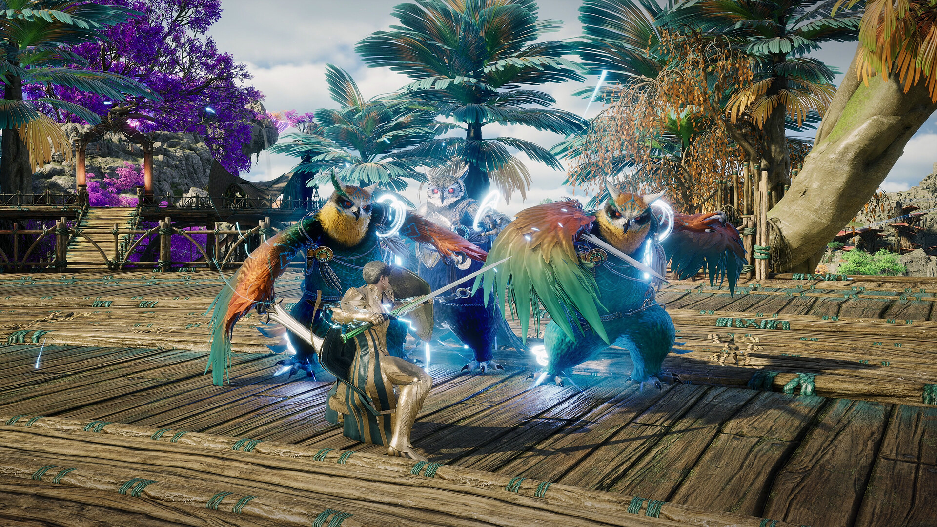 Armored knights clashing on a wooden dock in AION 2