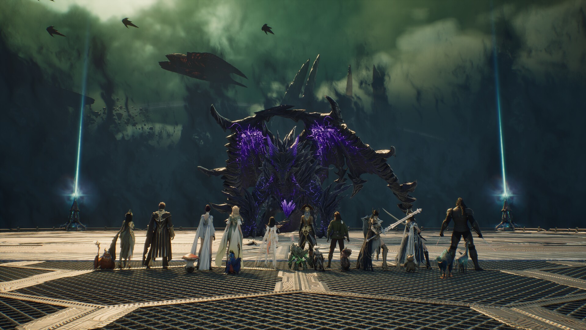 An adventurer party and their pets facing a colossal dragon wreathed in dark energy