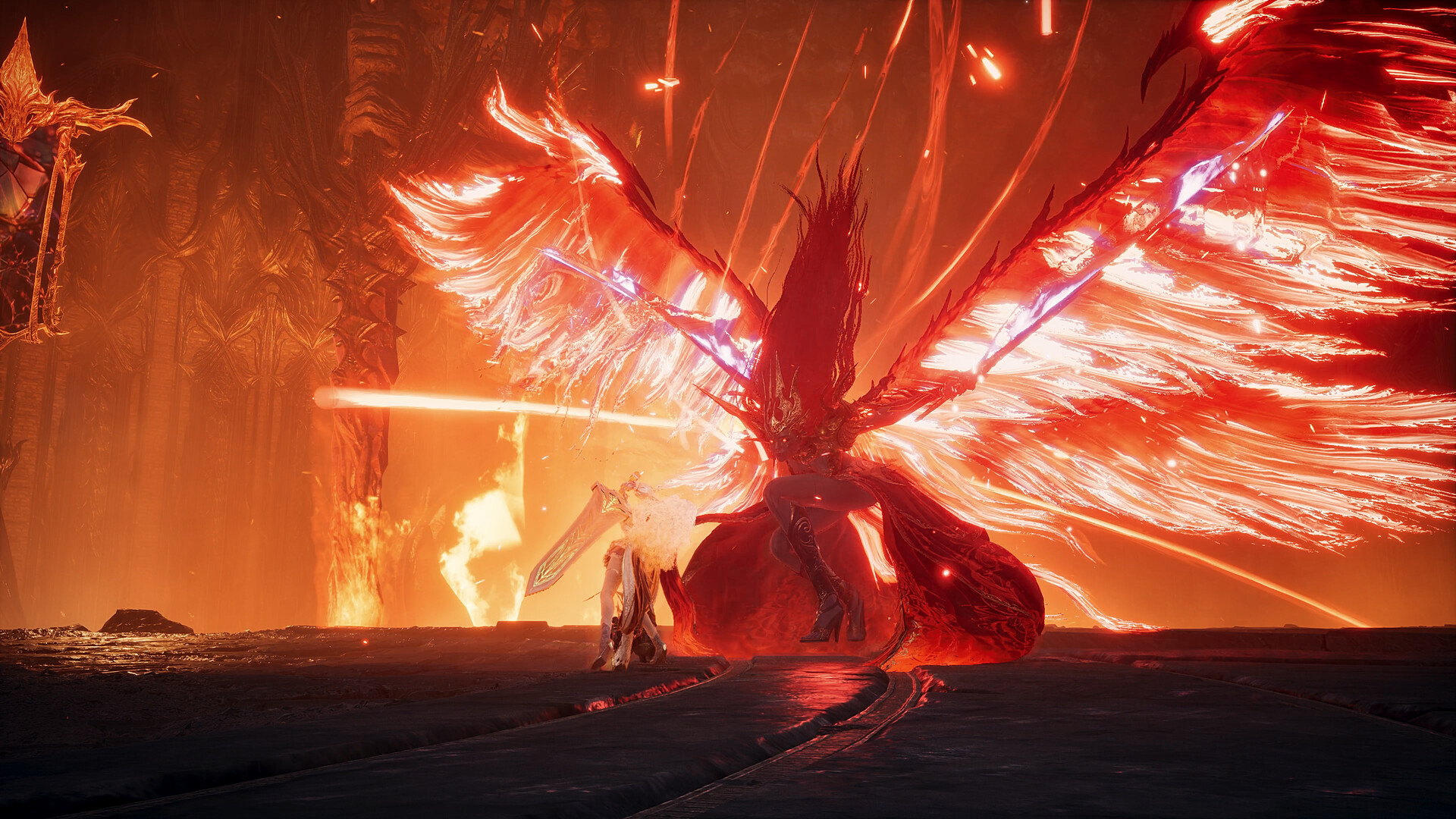 A Daeva with golden blades facing a colossal flame-winged demon in a hellish arena