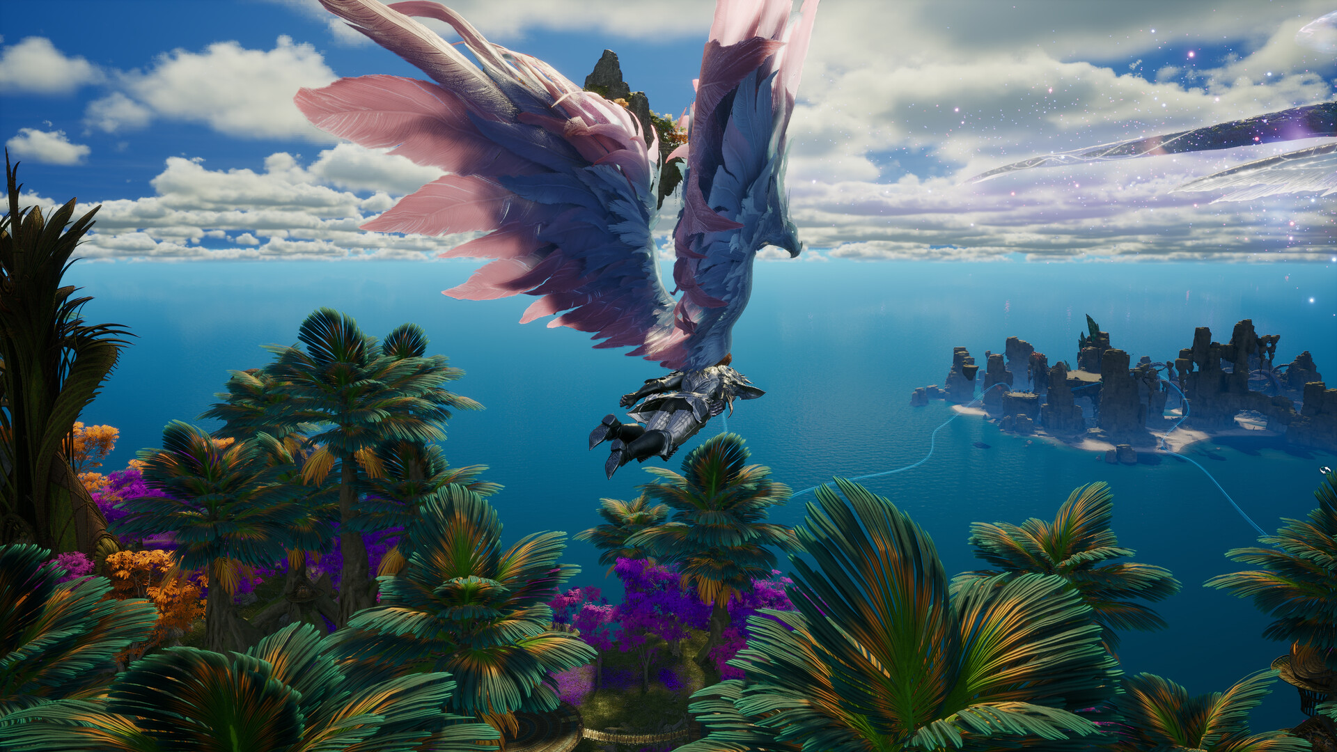 A winged Daeva gliding over tropical islands and ruins
