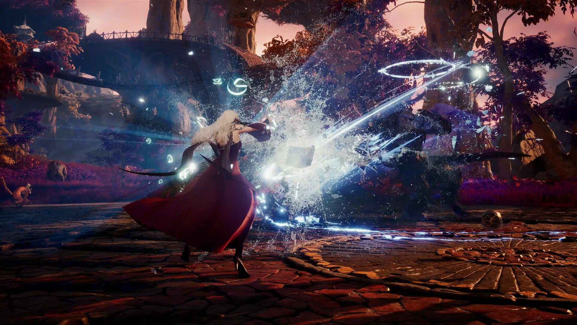 A sorceress unleashing a radiant magical blast in a twilight village